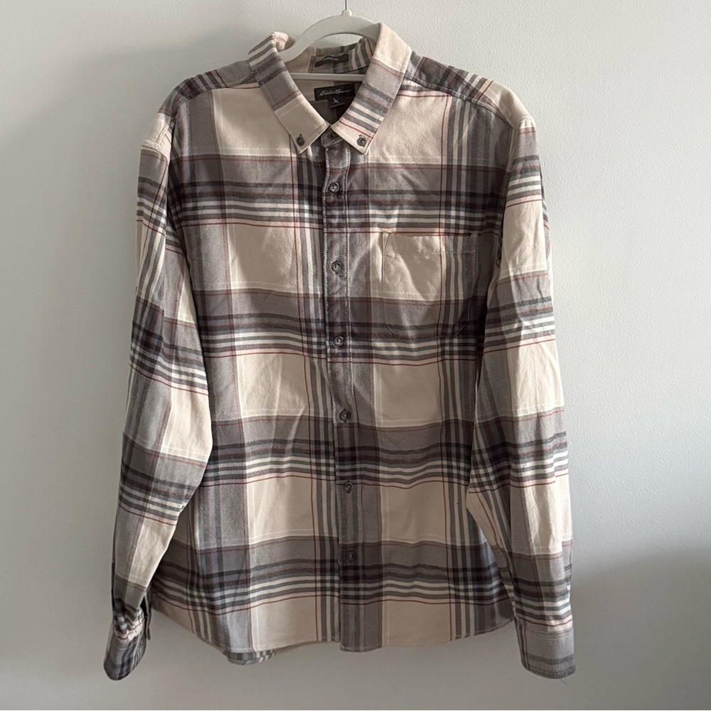 Eddie Bauer Plaid Flannel Button-Down Shirt Cream/Gray Classic Fit